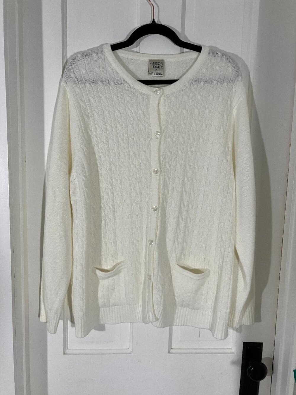 Allison Daley Cable Knit Cardigan Sweater Women's 3x Ivory Pockets Cottagecore